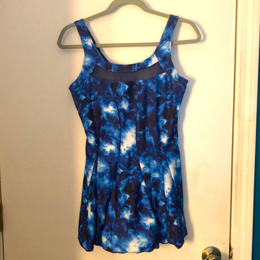 Beautiful Blue, Black, & White Tie Dye swimsuit. Lined bust, shorts under skirt